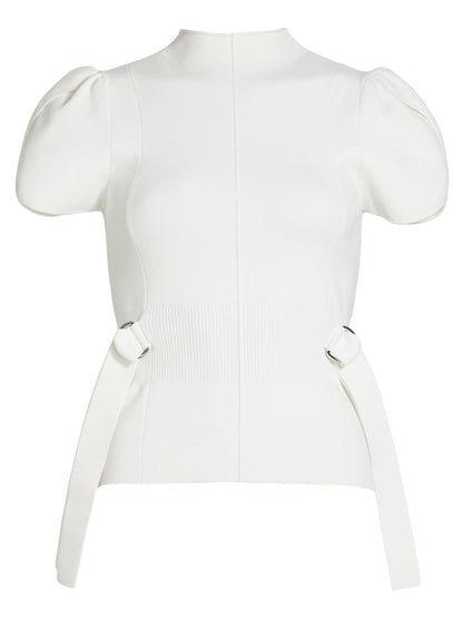 Compact Knit Puff-Sleeve Buckled Top - Tops