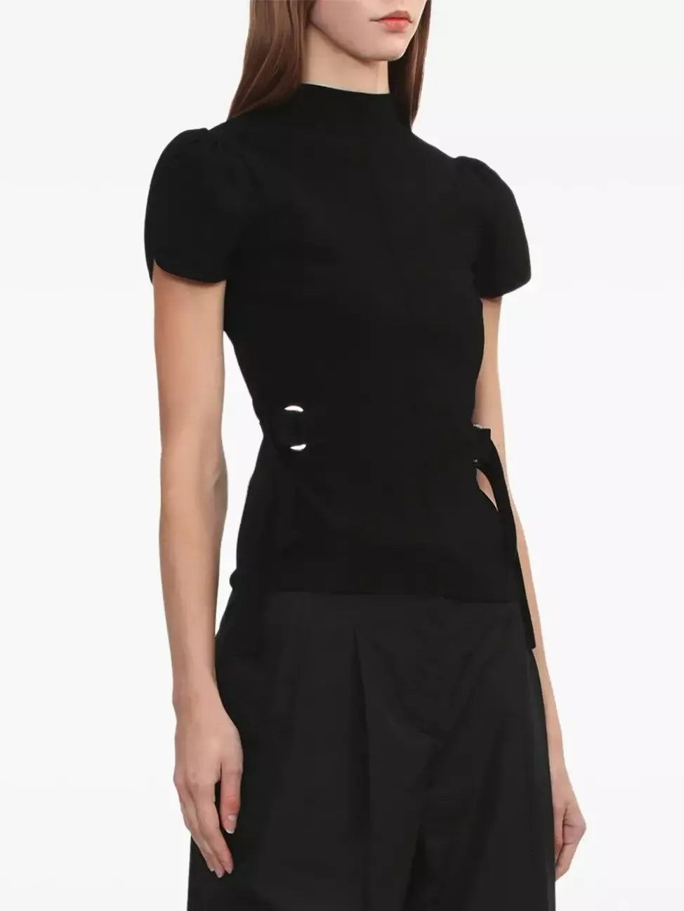 Compact Knit Puff-Sleeve Buckled Top - Tops