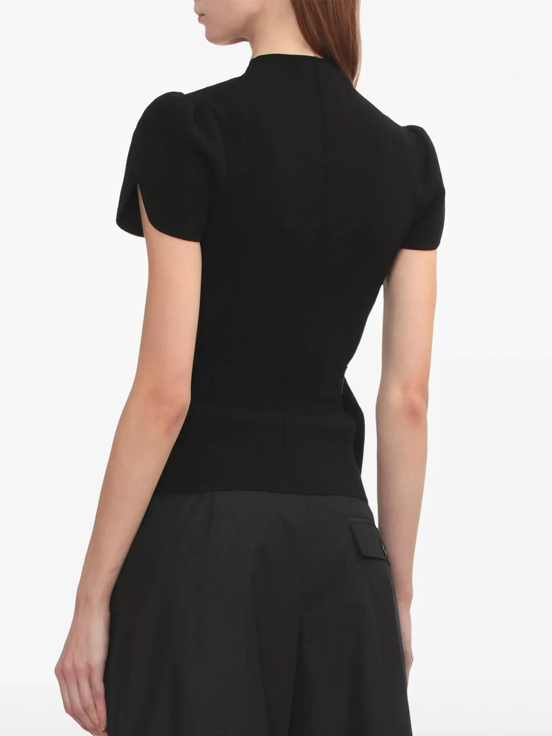 Compact Knit Puff-Sleeve Buckled Top - Tops