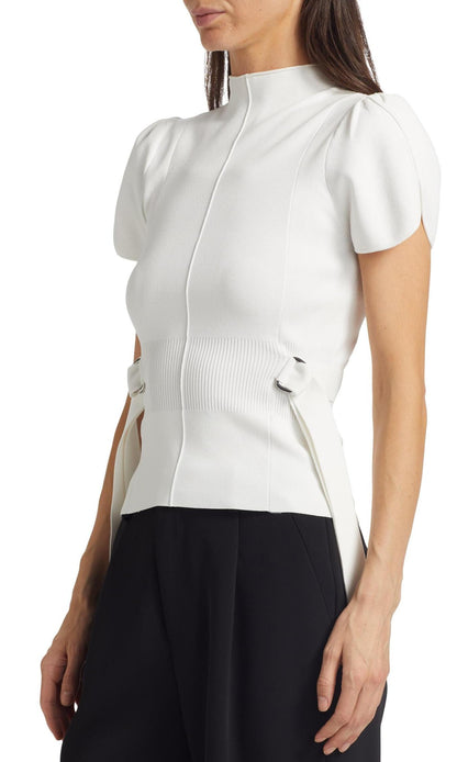Compact Knit Puff-Sleeve Buckled Top - Tops