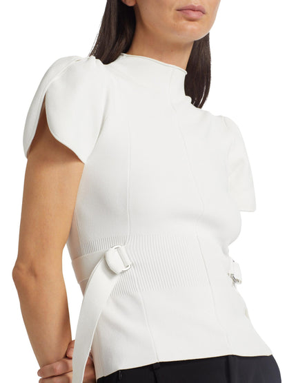 Compact Knit Puff-Sleeve Buckled Top - Tops