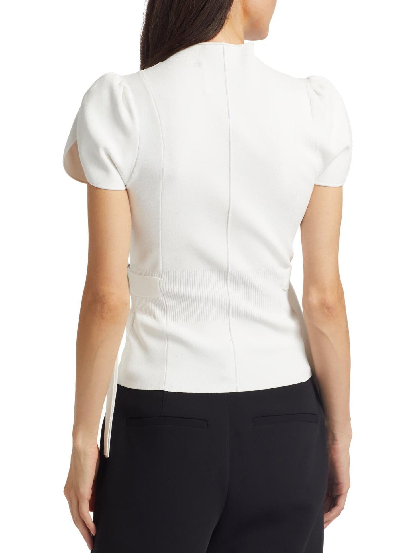 Compact Knit Puff-Sleeve Buckled Top - Tops