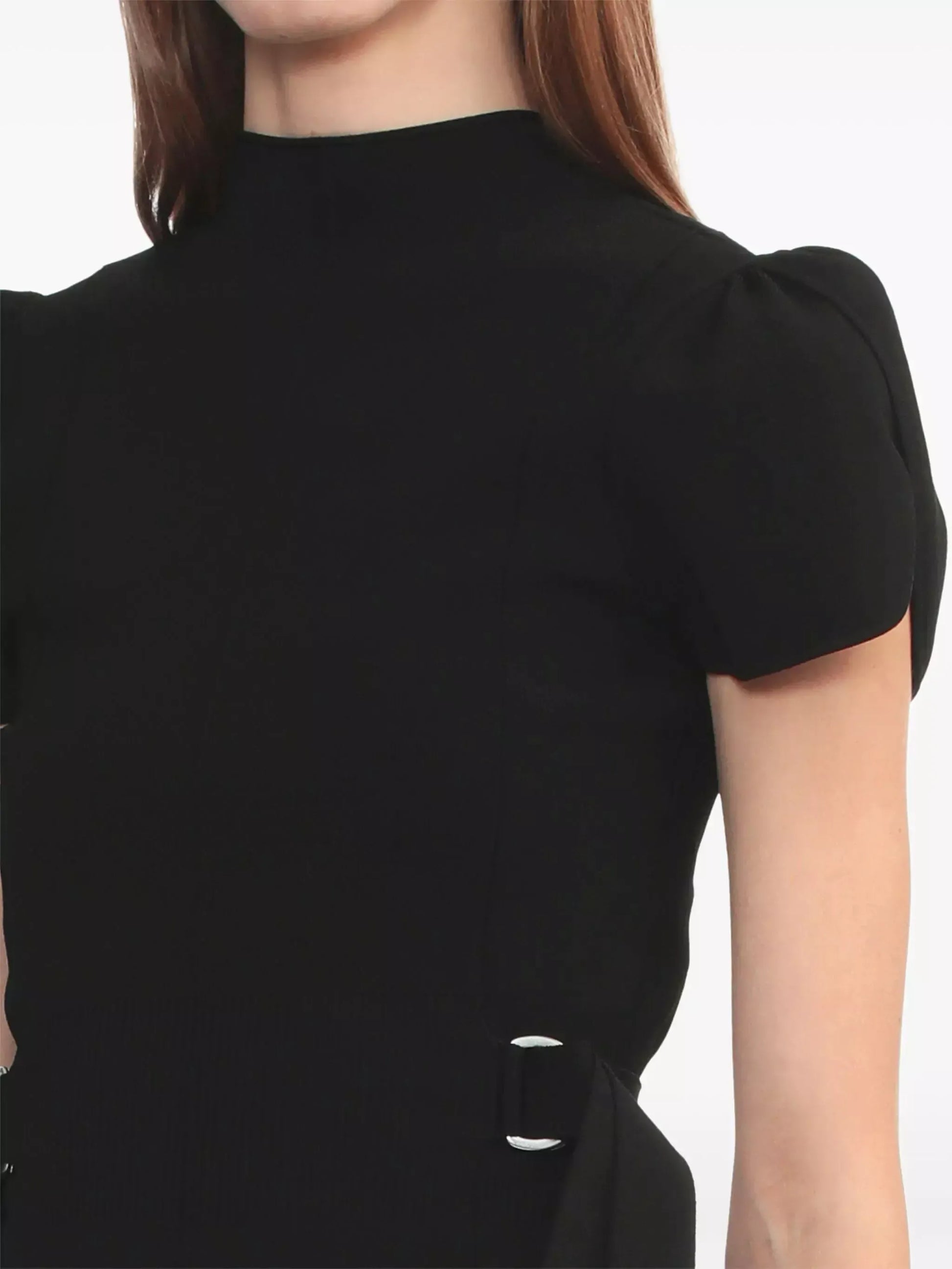 Compact Knit Puff-Sleeve Buckled Top - Tops