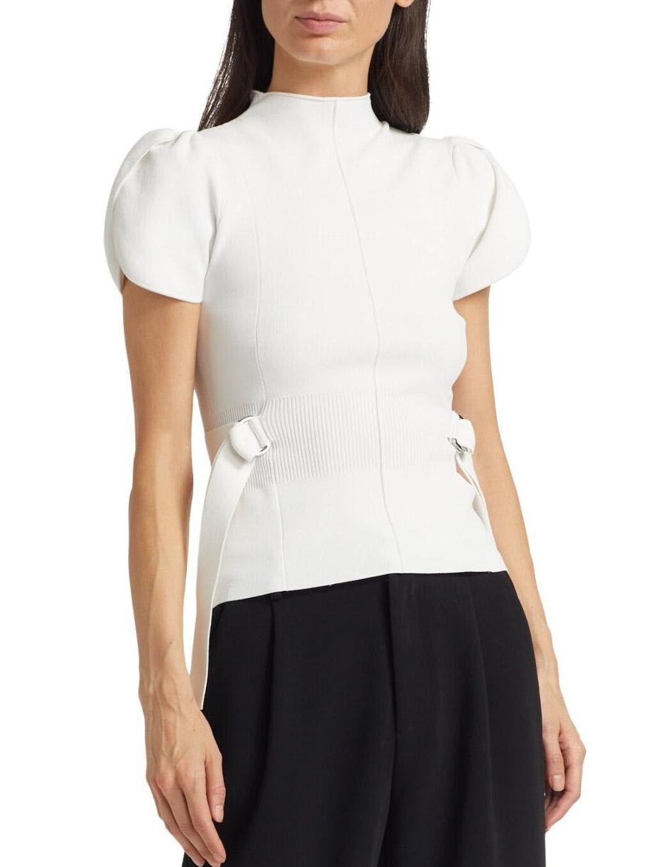 Compact Knit Puff-Sleeve Buckled Top - Tops