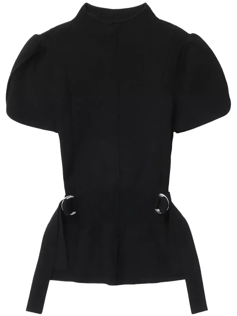 Compact Knit Puff-Sleeve Buckled Top - Tops