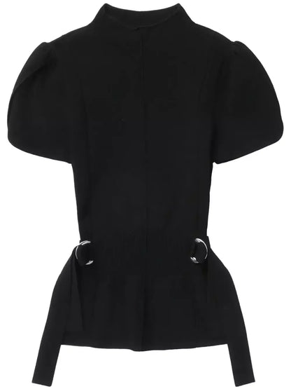 Compact Knit Puff-Sleeve Buckled Top - Tops