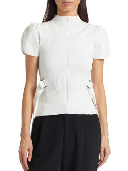 Compact Knit Puff-Sleeve Buckled Top - Tops
