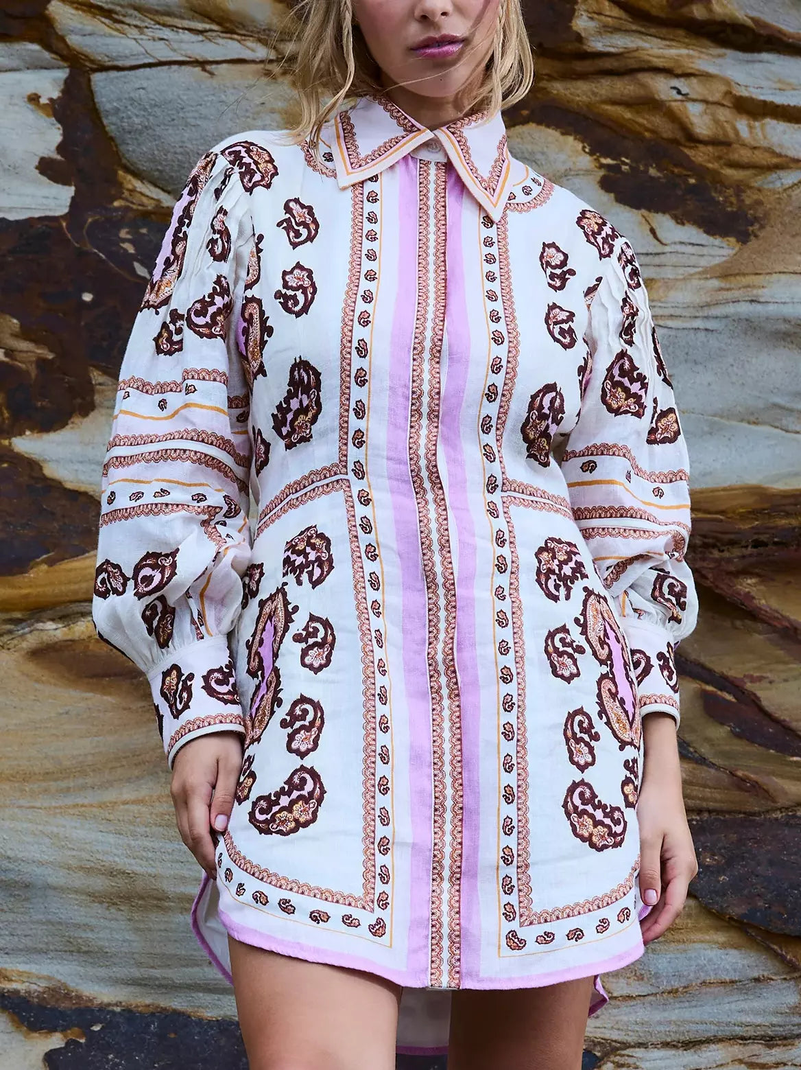Patterned Concealed-Button Printed Linen Mini Shirt Dress showcasing stylish printed linen mini design