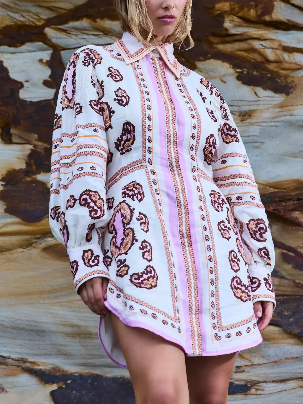 Patterned long sleeve Concealed-Button Printed Linen Mini Shirt Dress for stylish looks