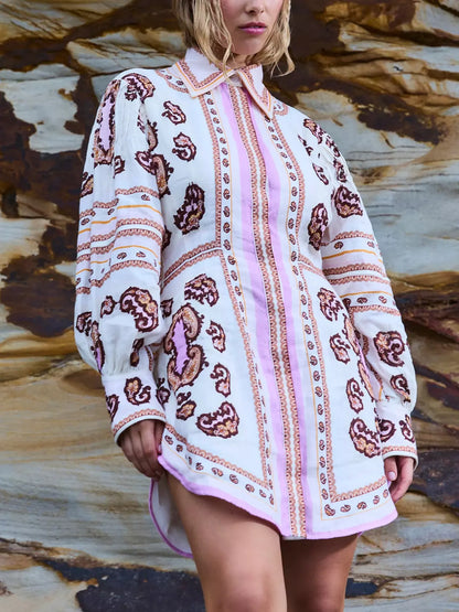 Patterned long sleeve Concealed-Button Printed Linen Mini Shirt Dress for stylish looks