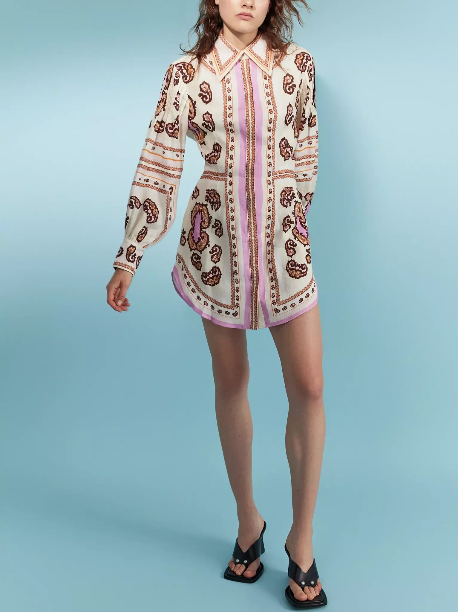 Patterned Concealed-Button Printed Linen Mini Shirt Dress with long sleeves