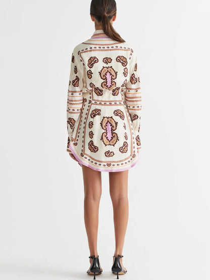 Patterned mini dress showcasing a concealed-button printed linen mini shirt design