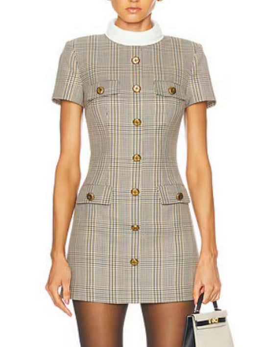 Contrast-Collar Check Print Button-Down Mini Dress - Dresses