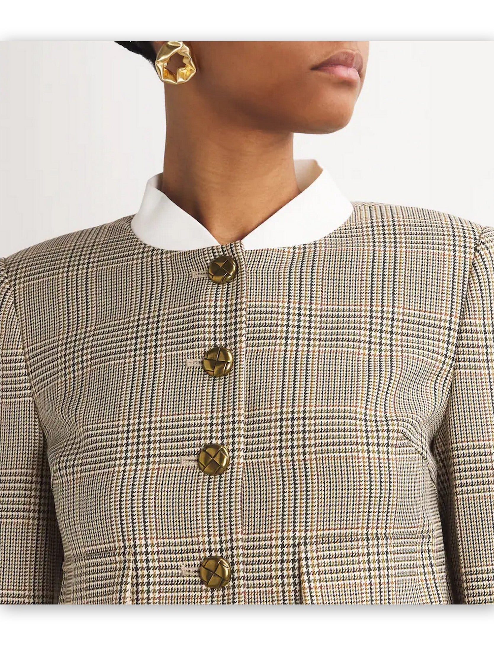 Contrast-Collar Cropped Check Button-Down Jacket - Jackets