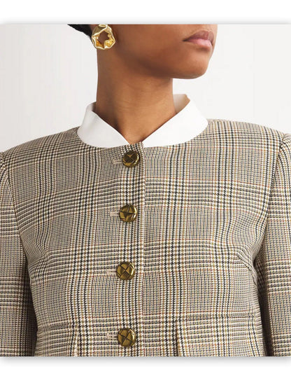 Contrast-Collar Cropped Check Button-Down Jacket - Jackets