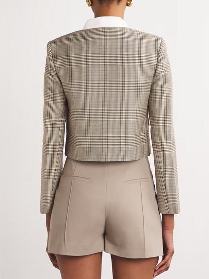 Contrast-Collar Cropped Check Button-Down Jacket - Jackets