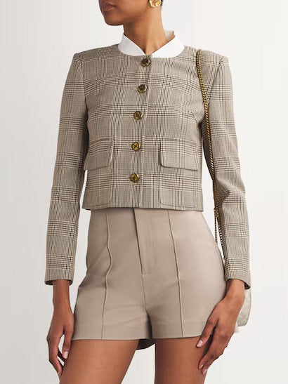 Contrast-Collar Cropped Check Button-Down Jacket - Jackets