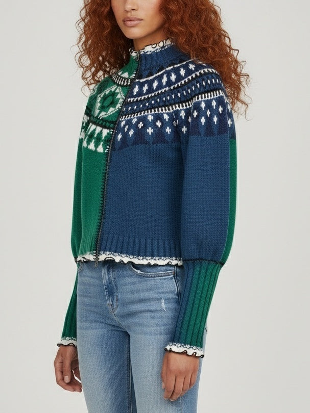 Contrast Fair Isle Zip-Front Sweater - Sweaters & Knitwear