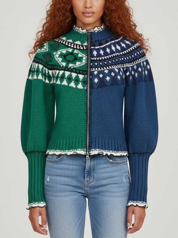 Contrast Fair Isle Zip-Front Sweater - Small - Sweaters & Knitwear