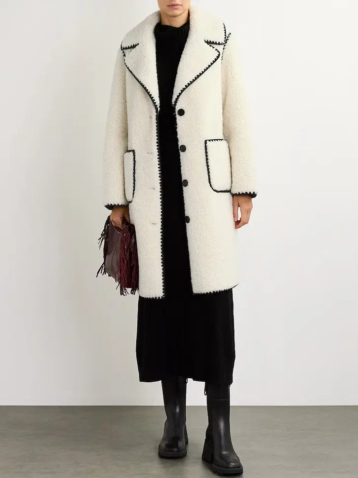 Contrast-Stitch Faux Shearling Coat - Coats