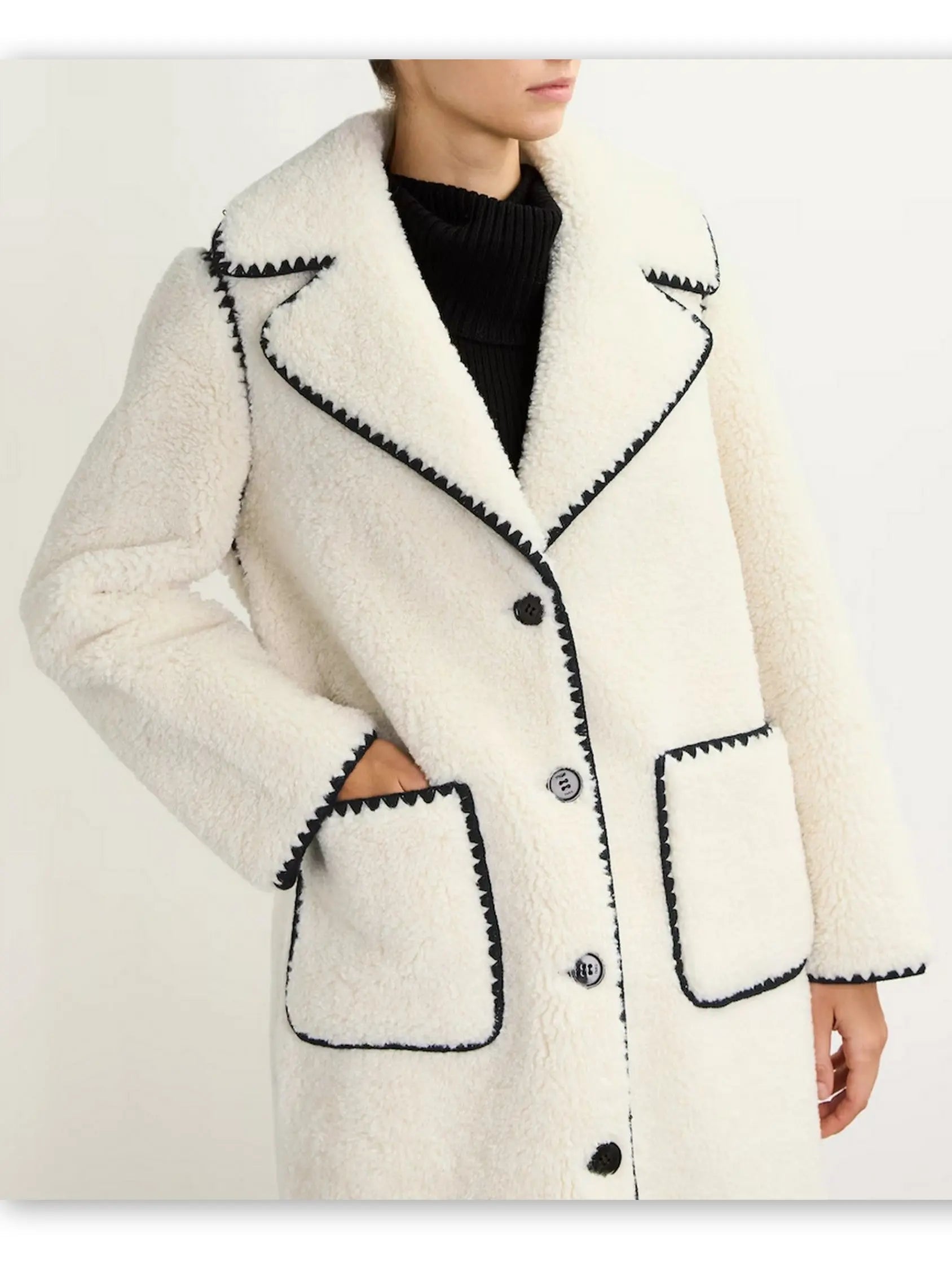 Contrast-Stitch Faux Shearling Coat - Coats