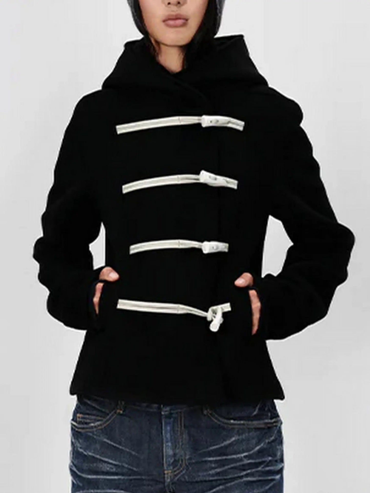 Contrast Toggle-Button Hooded Duffle Jacket - Jackets