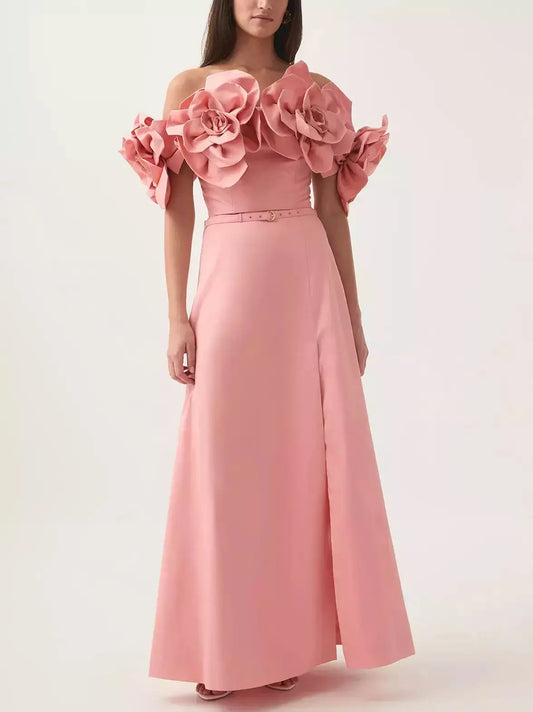 Coral Floral-Appliques Off-Shoulder Top and Belted Slit Maxi Skirt Set - Suits & Sets