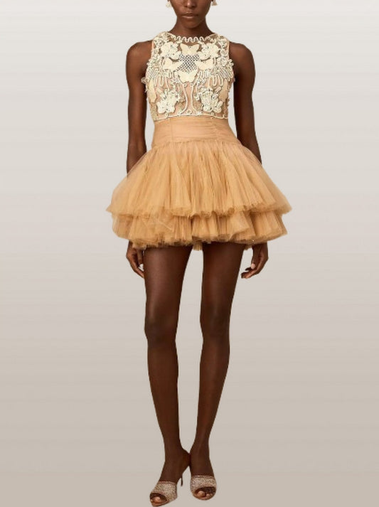 Corded Lace-Panel Tulle Mini Dress - S - Dresses