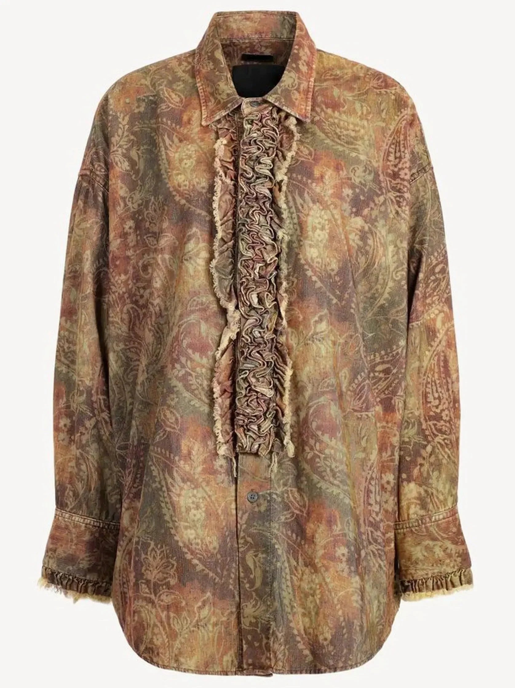 Corduroy Paisley Ruffle Oversize Vintage Shirt - Tops