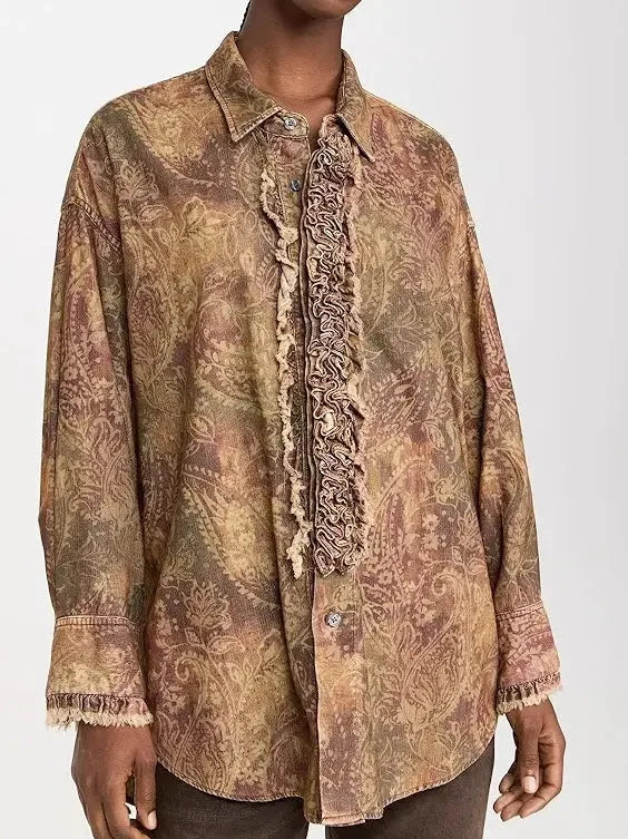 Corduroy Paisley Ruffle Oversize Vintage Shirt - Tops