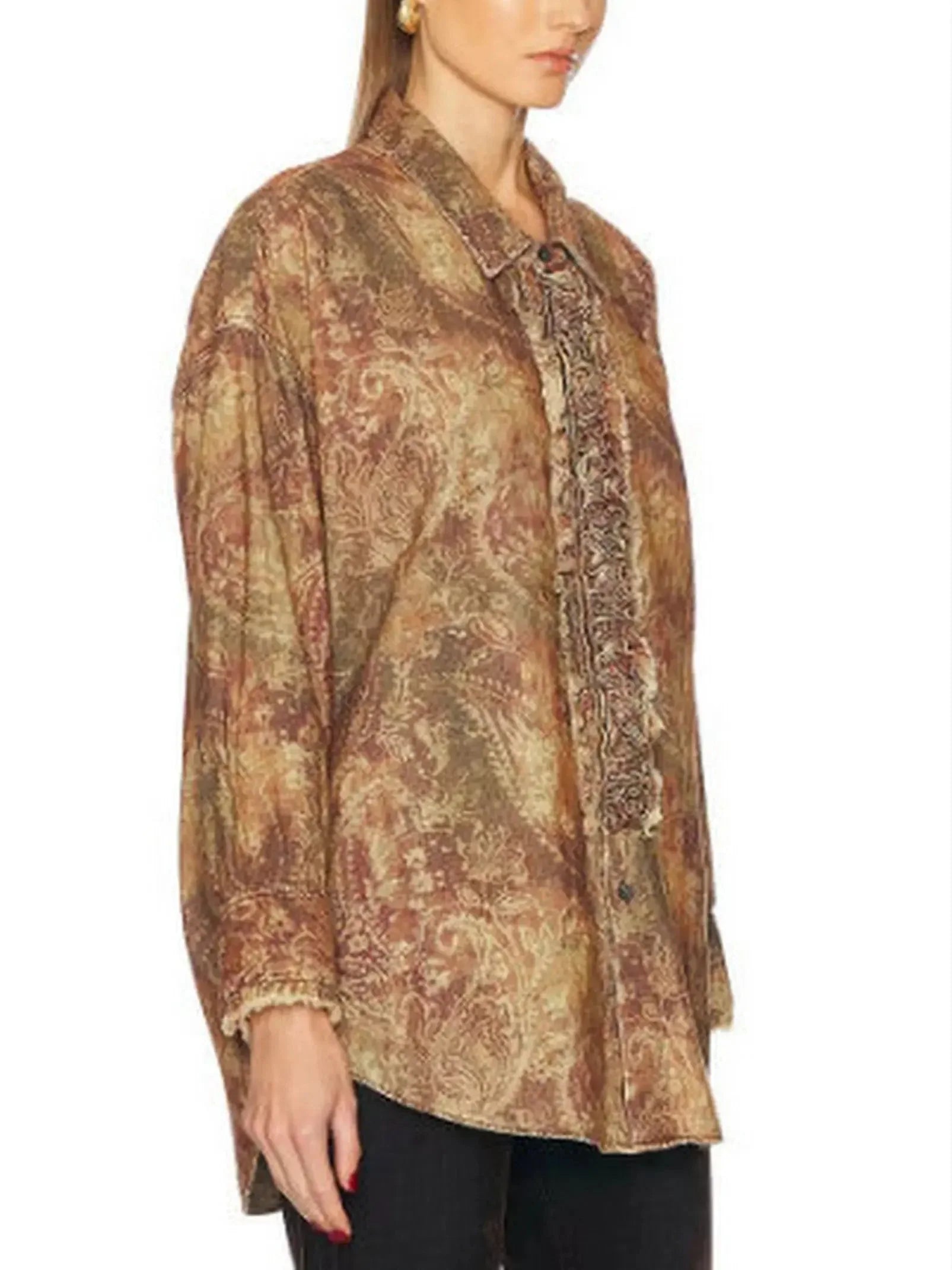 Corduroy Paisley Ruffle Oversize Vintage Shirt - Tops