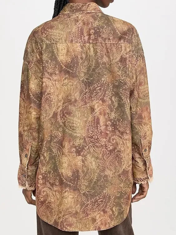 Corduroy Paisley Ruffle Oversize Vintage Shirt - Tops