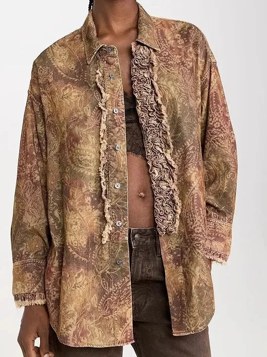 Corduroy Paisley Ruffle Oversize Vintage Shirt - Tops