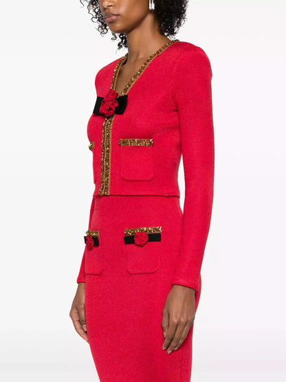 Corsage Knit Cardigan Jacket and Skirt Set in Red - Suits & Sets