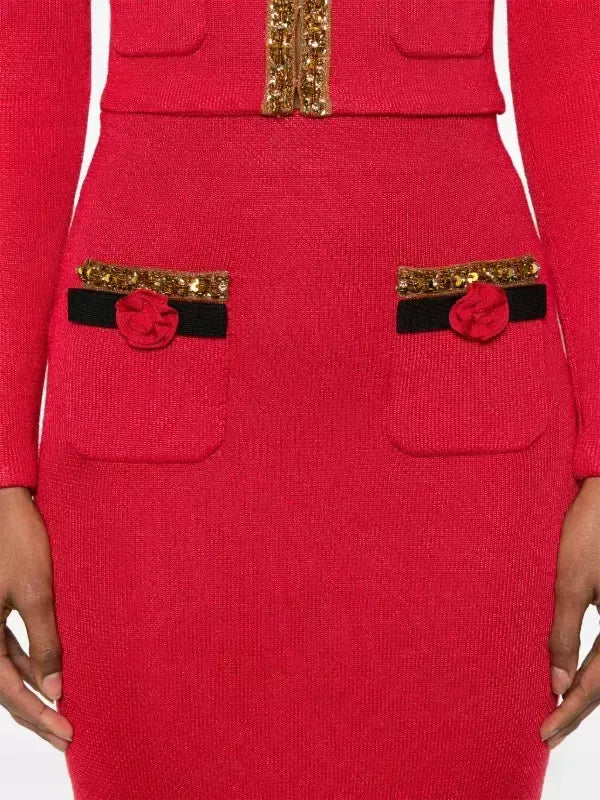 Corsage Knit Cardigan Jacket and Skirt Set in Red - Suits & Sets