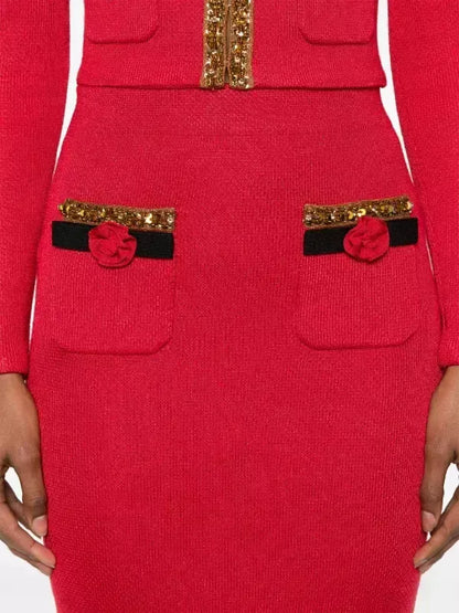 Corsage Knit Cardigan Jacket and Skirt Set in Red - Suits & Sets