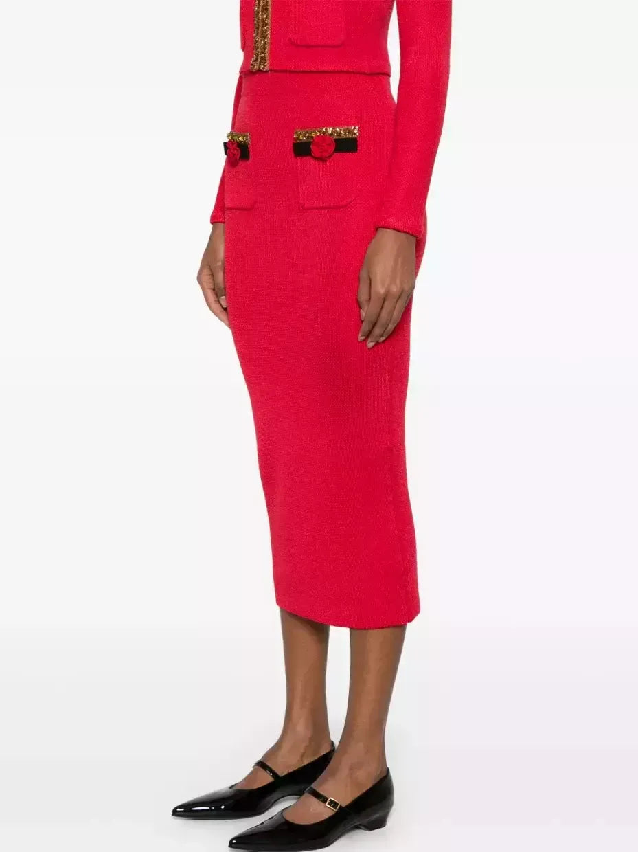 Corsage Knit Cardigan Jacket and Skirt Set in Red - Suits & Sets