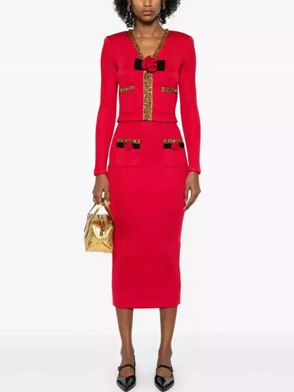 Corsage Knit Cardigan Jacket and Skirt Set in Red - Suits & Sets