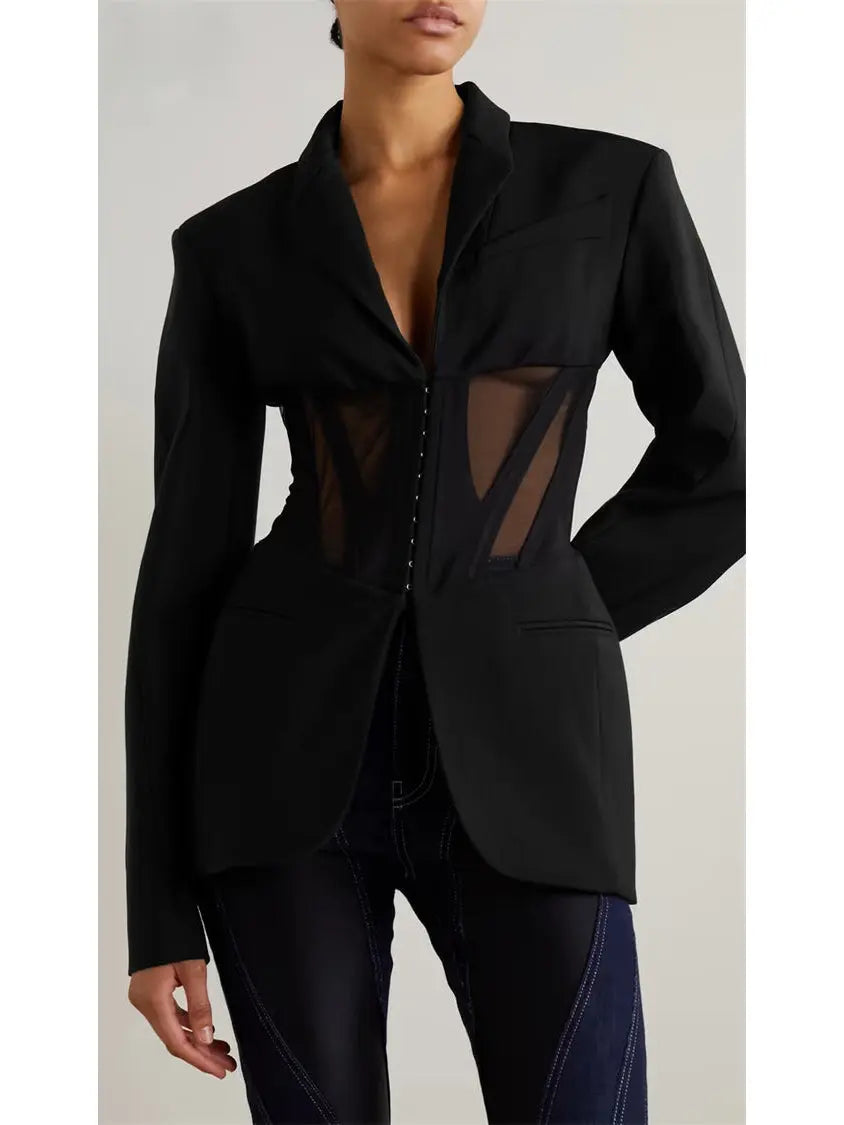 Corset Cut-Out Sheer-Panel Blazer Jacket - Jackets