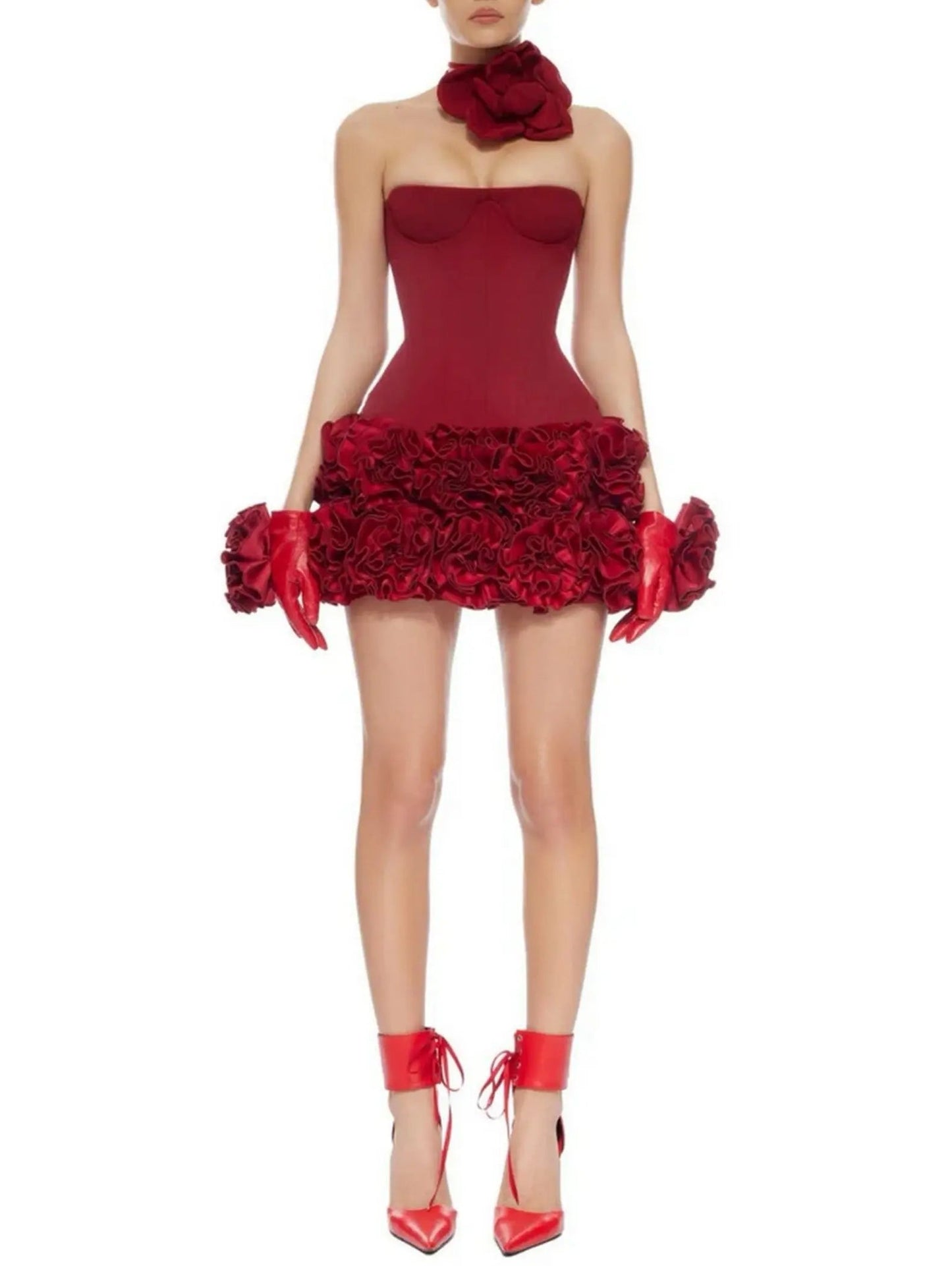 Corset Red Floral-Appliques Strapless Mini Dress - Dresses