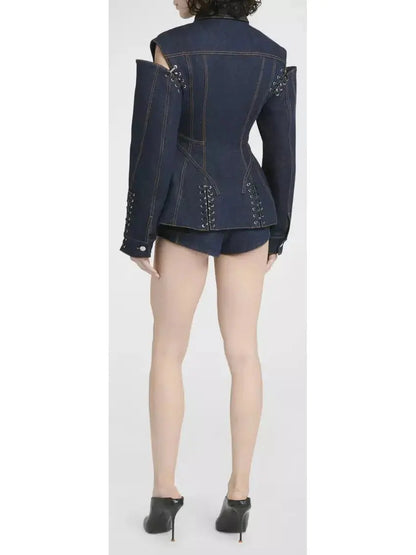 Corset Style Open-Shoulder Denim Jacket with Lace-up Details - Jackets