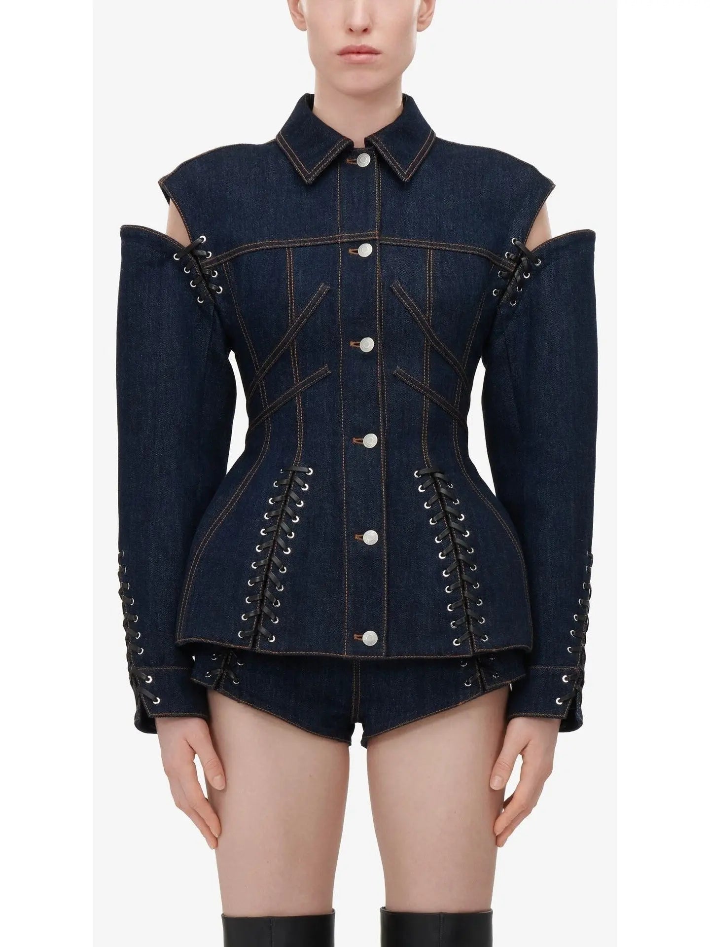 Corset Style Open-Shoulder Denim Jacket with Lace-up Details - Jackets