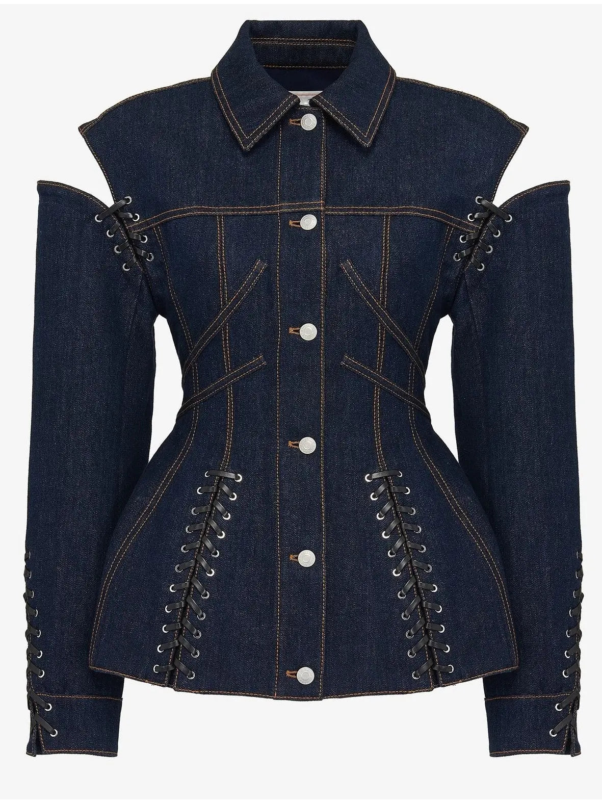 Corset Style Open-Shoulder Denim Jacket with Lace-up Details - Jackets