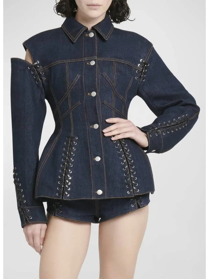 Corset Style Open-Shoulder Denim Jacket with Lace-up Details - Jackets