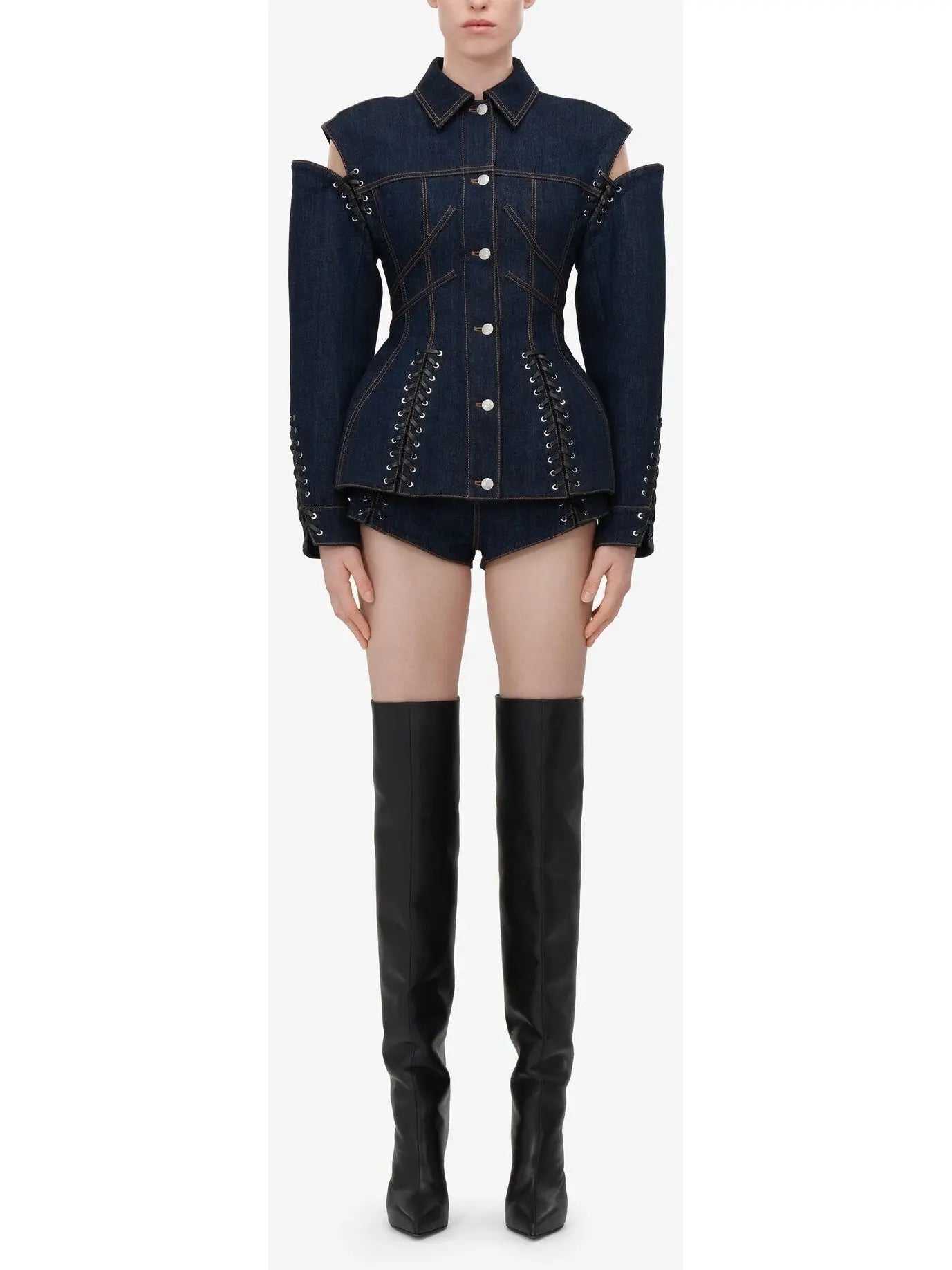 Corset Style Open-Shoulder Denim Jacket with Lace-up Details - Jackets