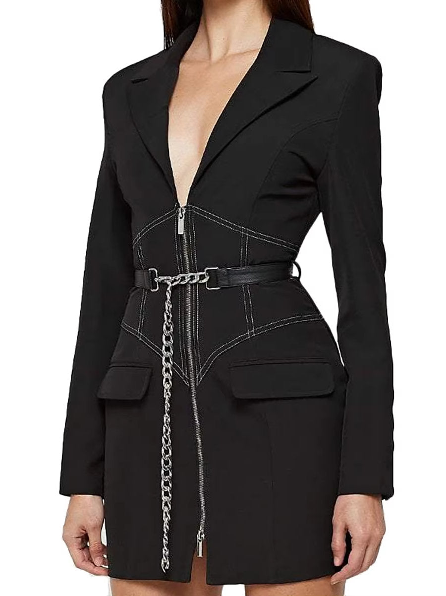 Corset Zip-Front Mini Blazer Dress with Chain Belt - Dresses