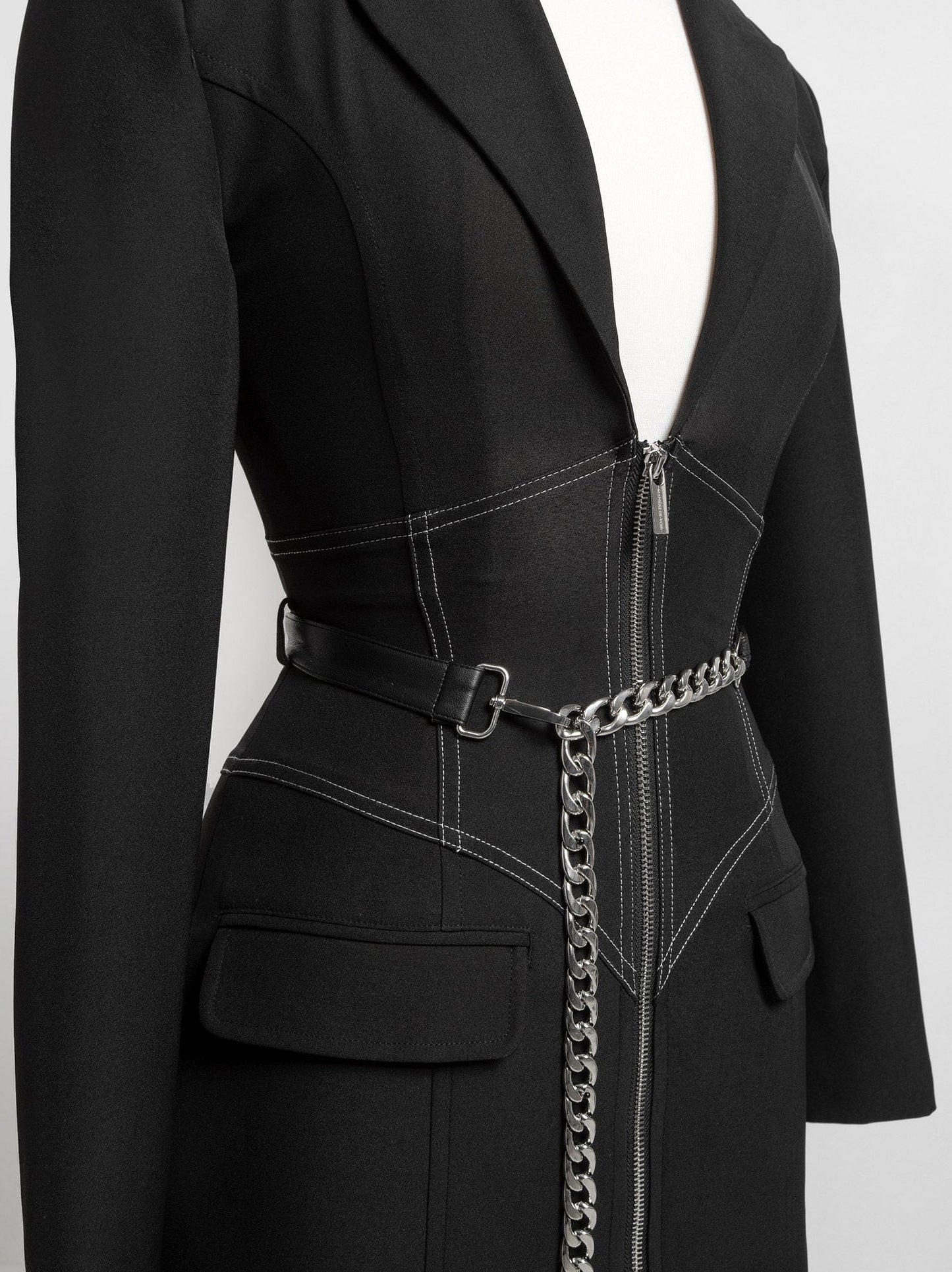 Corset Zip-Front Mini Blazer Dress with Chain Belt - Dresses