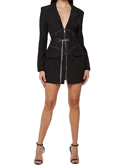 Corset Zip-Front Mini Blazer Dress with Chain Belt - Dresses