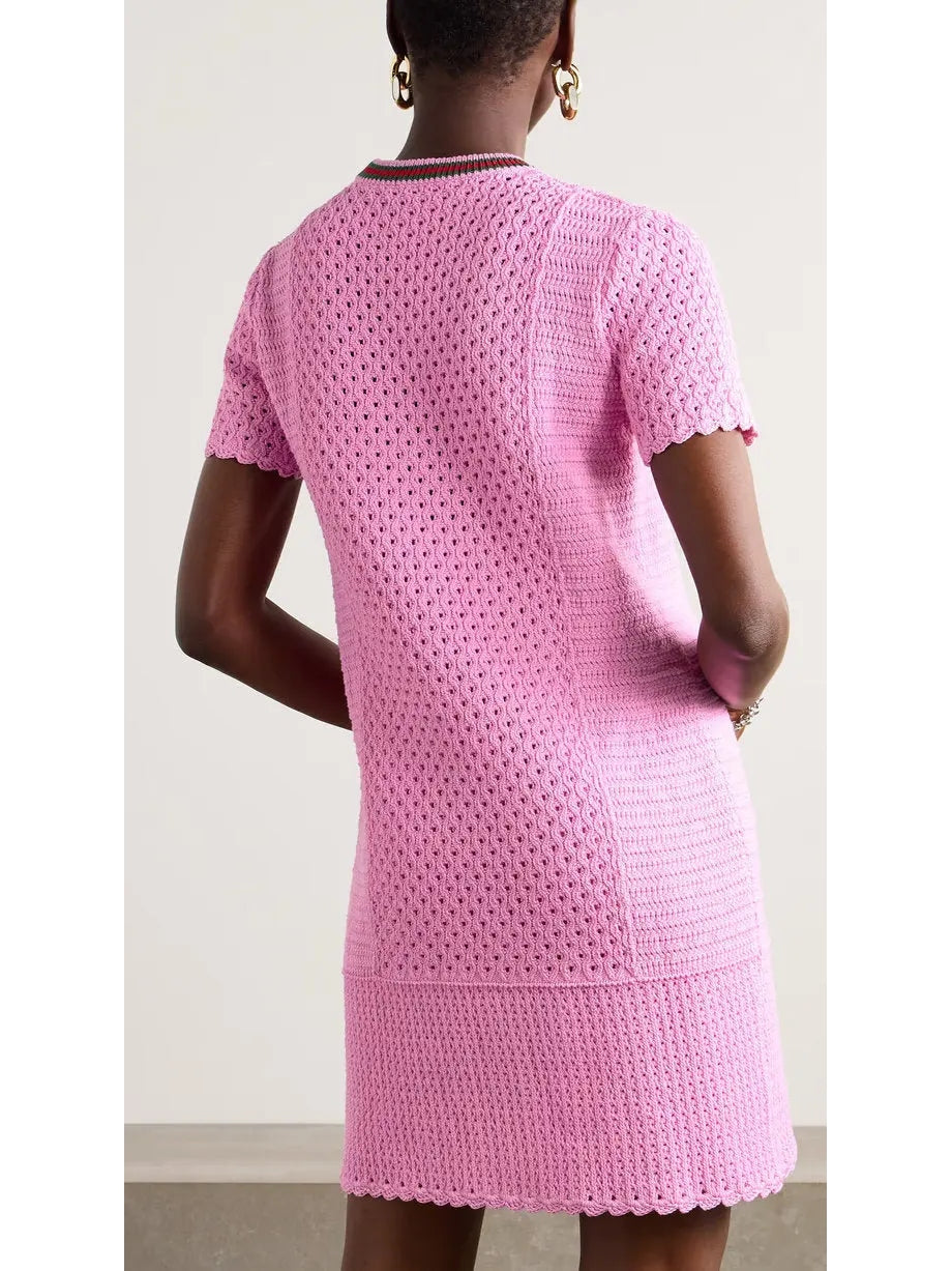 Cotton-Blend Open-Knit Pink Mini Dress - Dresses