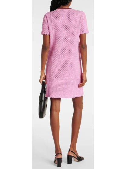 Cotton-Blend Open-Knit Pink Mini Dress - Dresses